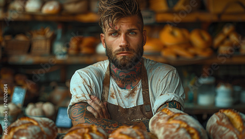 Artisan baker in a rustic bakery with fresh loaves of bread