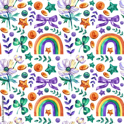 St. Patricks Day Seamless Pattern on a green background: clover, coins, rainbow. Hand drawn watercolor illustration. For paper, textile, packaging © Natali_Mias