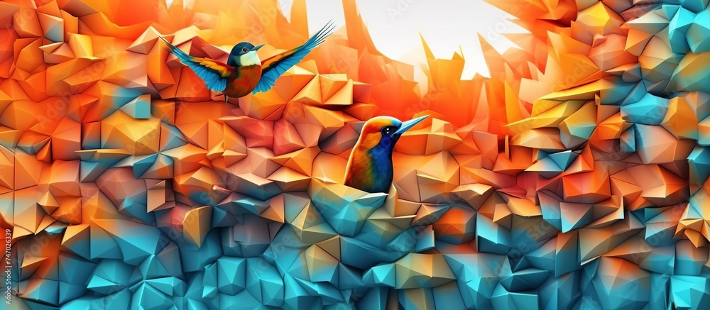 vector illustration of camouflage bird of paradise from cube abstract geometry in bright colors - obrazy, fototapety, plakaty 