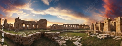 Wide angle panoramic view of an old ancient ruins with pink cloudy sky from Generative AI