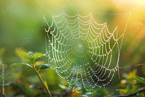 Shimmering Dew Drops Delicately Adorn a Finely Woven Spider Web during Sunrise © Diacanvas