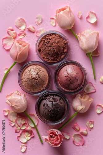 Top view of various shades of makeup compacts surrounded by delicate pink tulips and rose petals