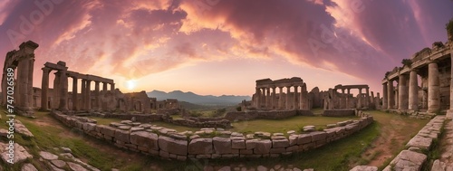Wide angle panoramic view of an old ancient ruins with purple cloudy sky from Generative AI