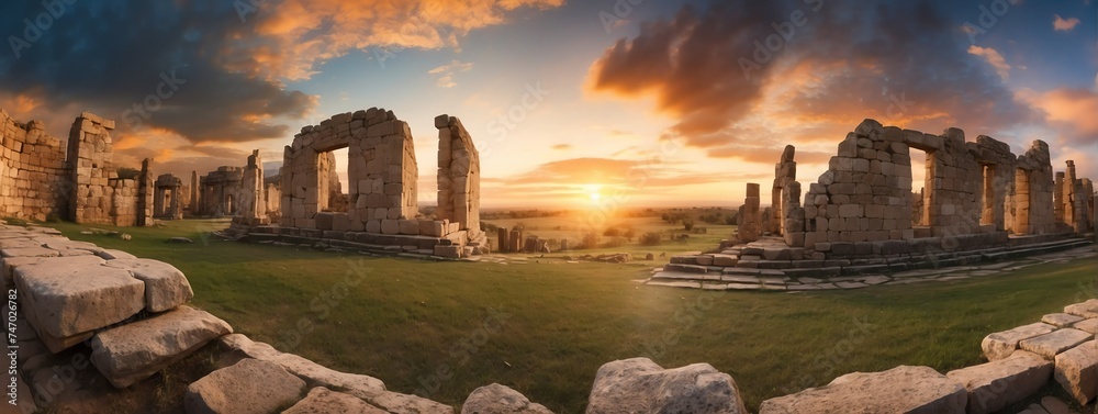 Wide angle panoramic view of an old ancient ruins with yellow cloudy sky from Generative AI - obrazy, fototapety, plakaty 