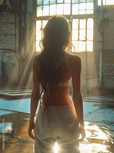 Silhouette of a woman standing in a sunlit industrial space, with rays of light creating a serene atmosphere.