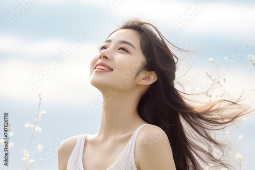 空を見上げる笑顔の女性（屋外・アップ）
