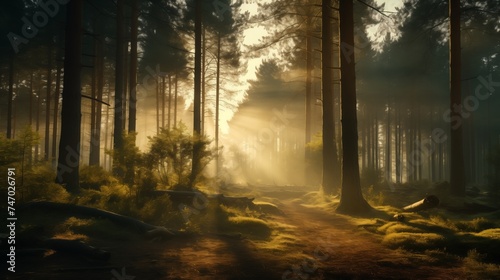 Golden Sunlight Streaming Through a Misty Forest Path at Dawn