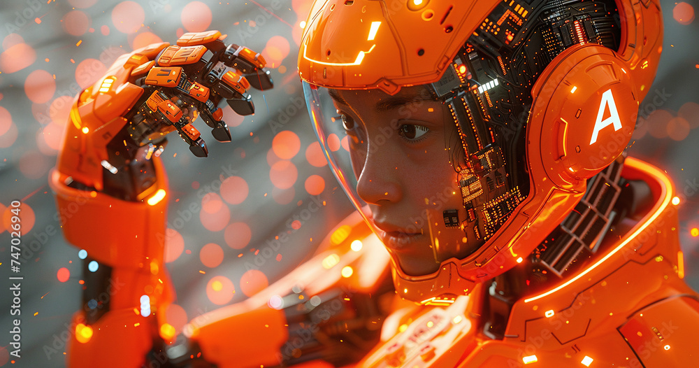 Fototapeta premium Futuristic humanoid robot with orange illuminated suit and helmet, touching fingers, against a bokeh light background.