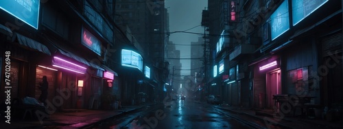 Wide angle panoramic view of blue neon lights theme dark futuristic cyberpunk city street from Generative AI