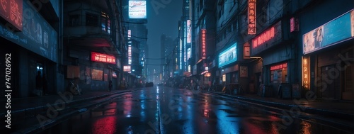 Wide angle panoramic view of blue neon lights theme dark futuristic cyberpunk city street from Generative AI
