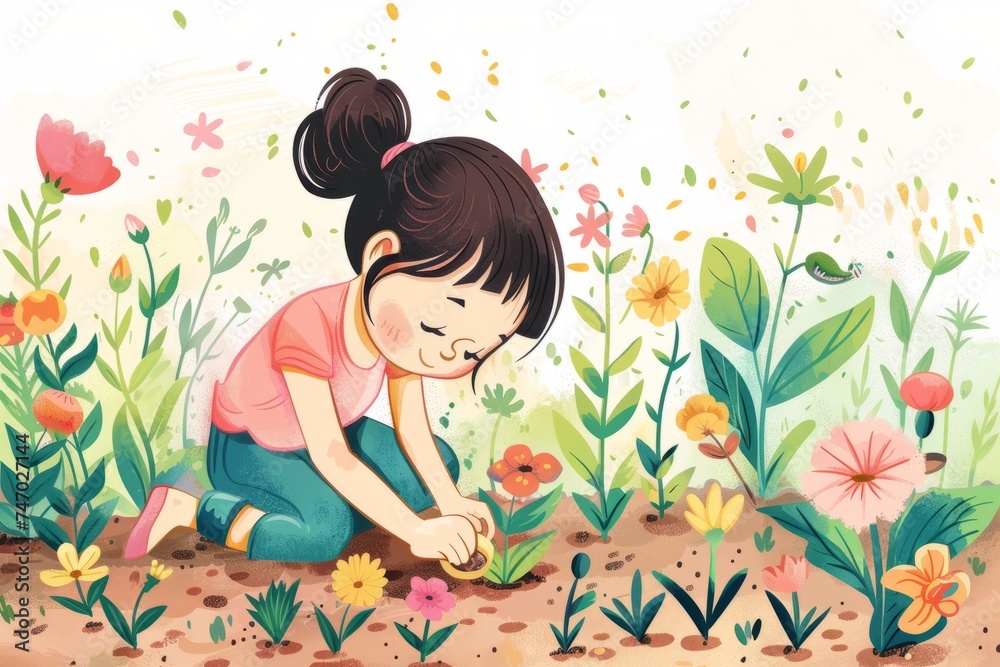 Cartoon cute doodles of a little girl planting flowers in her backyard garden, Generative AI Cartoon cute doodles of a little girl planting flowers in her backyard garden, Generative AI