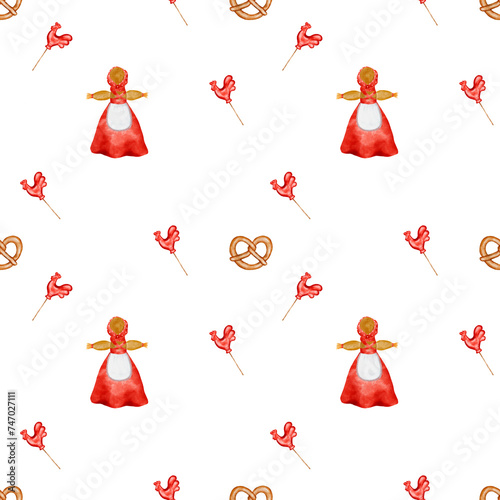 Traditional folk seamless pattern. Watercolor drawing with a straw dummy, a pretzel and a cockerel on a stick. Minimalistic style for kitchen textiles and packaging for fresh baked goods stores photo