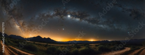 Wide angle panoramic view of dark orange sky at night full of bright stars from Generative AI