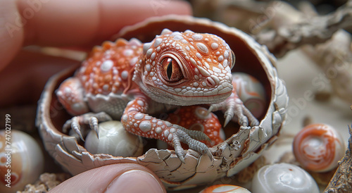 Newborn gecko emerging from egg, held in human hand, showcasing the beginning of life and reptile birth.