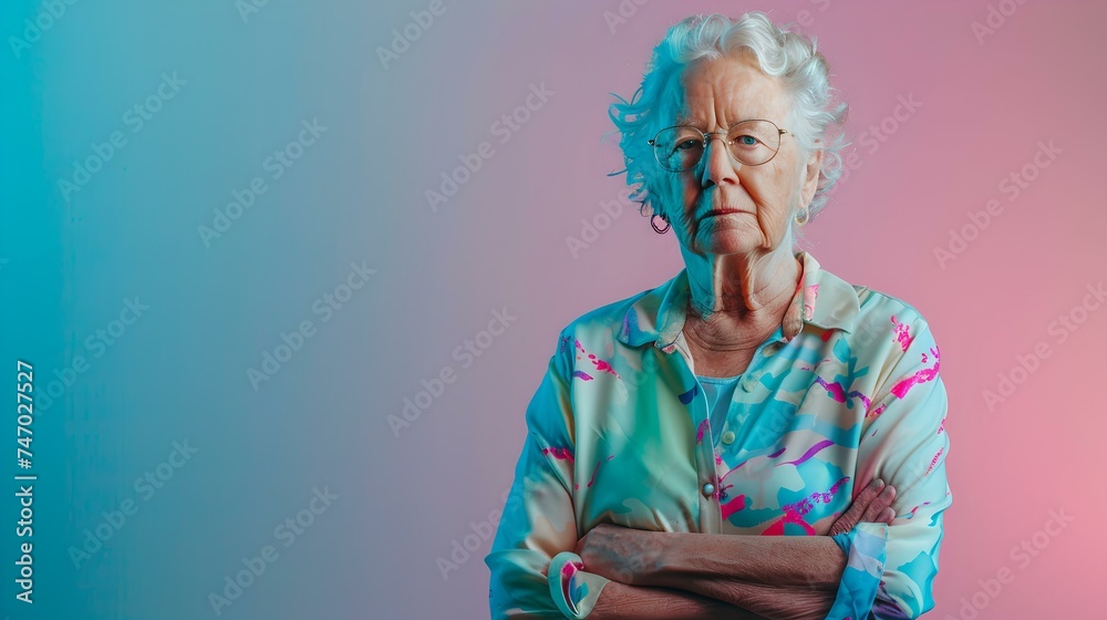 Elegant senior lady posing with confidence against a vibrant dual-tone background. contemporary portrait, stylish, strong elderly woman. AI