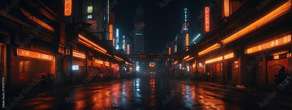 Wide angle panoramic view of orange neon lights theme dark futuristic cyberpunk city street from Generative AI