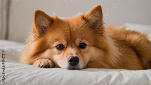Orange german spitz dog lying on bed in the bedroom © QuoDesign