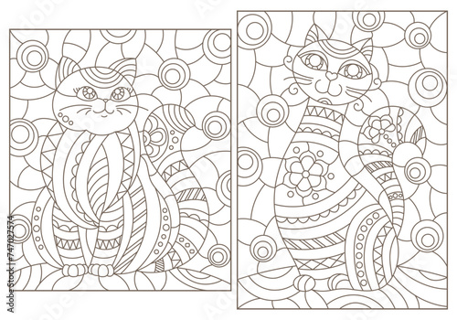 Set of contour illustrations of stained glass Windows with cute cartoon cats , dark contours on a white background