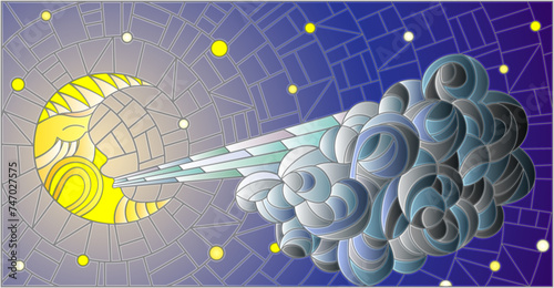 Stained glass illustration with fairy moon blowing a cloud against the starry sky