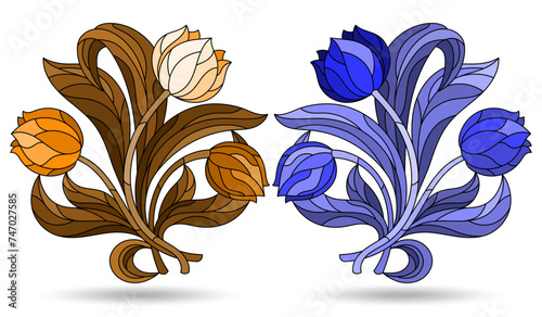 Set of illustrations in a stained glass style with a tulip flowers, flowers isolated on a white background, tone blue and brown