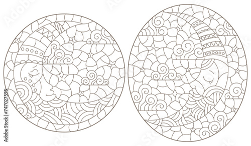Set of contour illustrations of stained glass Windows with the moon and sky, round and rectangular image, dark contours on white background
