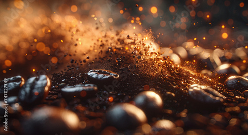Freshly ground coffee beans with aromatic dust particles and bokeh lights on a dark background.