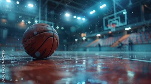 A basketball on the court facing the hoop.