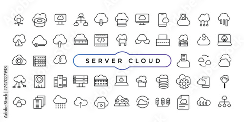 Set of line icons related to server and cloud computing, cyber security, digital transformation. Thin line web icon set.