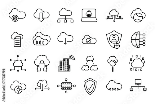 Set of line icons related to server and cloud computing, cyber security, digital transformation. Thin line web icon set.