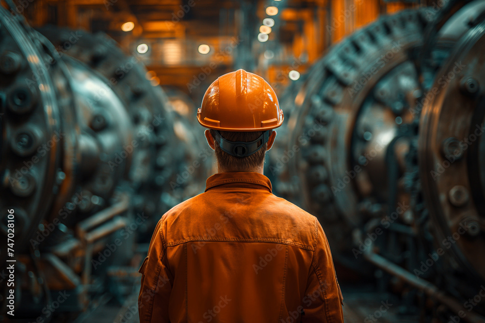 Worker in Orange Hard Hat Observing Machinery in Factory Worker in Orange Hard Hat Observing Machinery in Factory