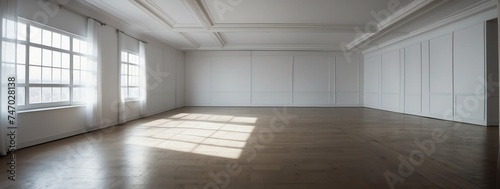 Wide angle panoramic view of white walls on large empty room from Generative AI