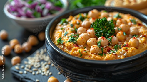 Vegan hummus bowl with chickpeas and sesame seeds.