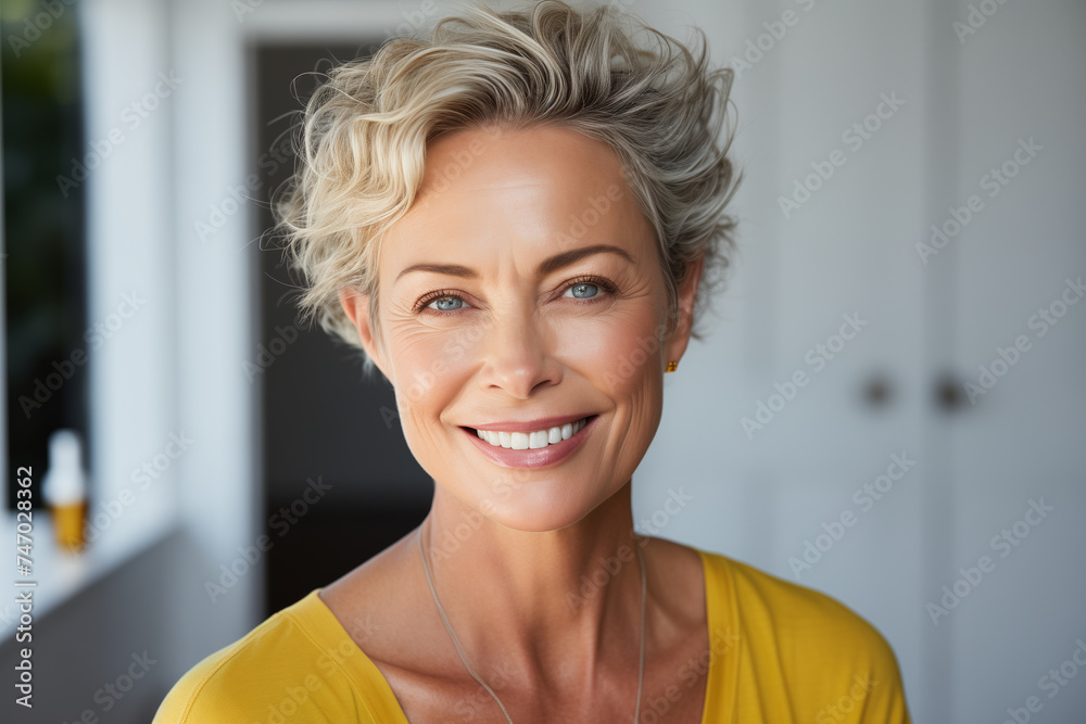 portrait of a mature woman smiling in yellow shirt portrait of a mature woman smiling in yellow shirt