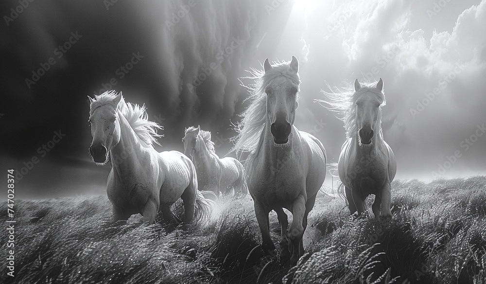 Three majestic white horses galloping in a dramatic black and white ...
