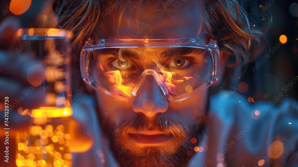 An intense portrait of a focused scientist observing a chemical reaction, with vivid colors reflecting in his safety glasses. An intense portrait of a focused scientist observing a chemical reaction, with vivid colors reflecting in his safety glasses.