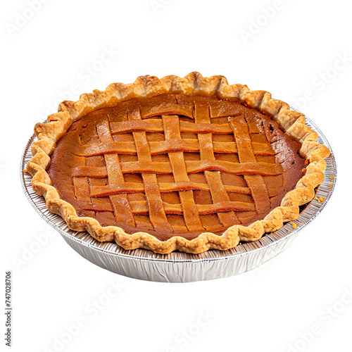 front view of a mouthwatering and delicious looking Sweet Potato Pie kept in a traditional pie tin food photography style isolated on a transparent white background