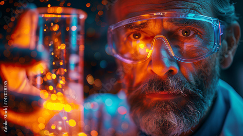 Wallpaper Mural An intense portrait of a focused scientist observing a chemical reaction, with vivid colors reflecting in his safety glasses. Torontodigital.ca