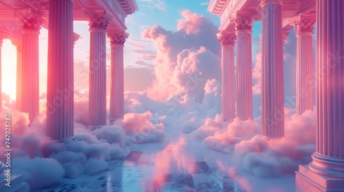 A 3D rendered scene with classical columns rising into a dreamy pastel sky filled with clouds photo