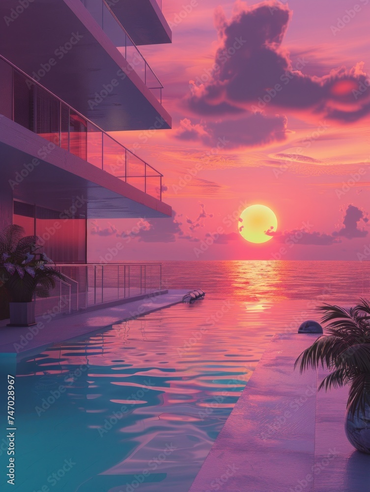 This image shows a luxury poolside setup with an infinity pool ...
