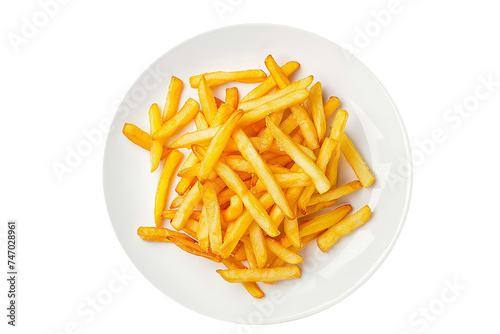 Potato french fries in a white ceramic plate top view isolated on white background