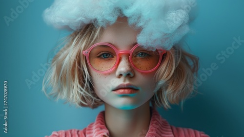A distinctive portrait of a girl with a cloud over her head and stylish pink sunglasses
