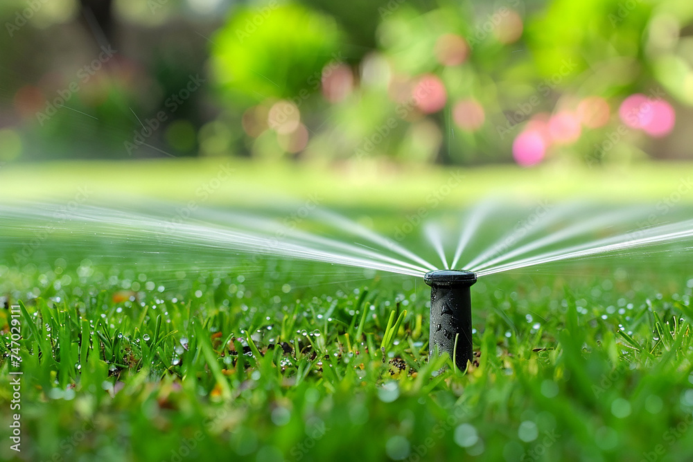 Automatic garden and grass water sprinkler system technology - obrazy, fototapety, plakaty 