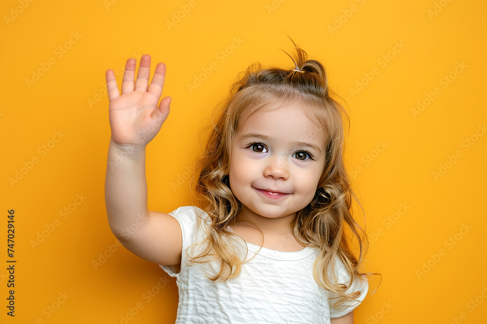 Beautiful little girl with waving hand saying hello isolated on yellow background Beautiful little girl with waving hand saying hello isolated on yellow background