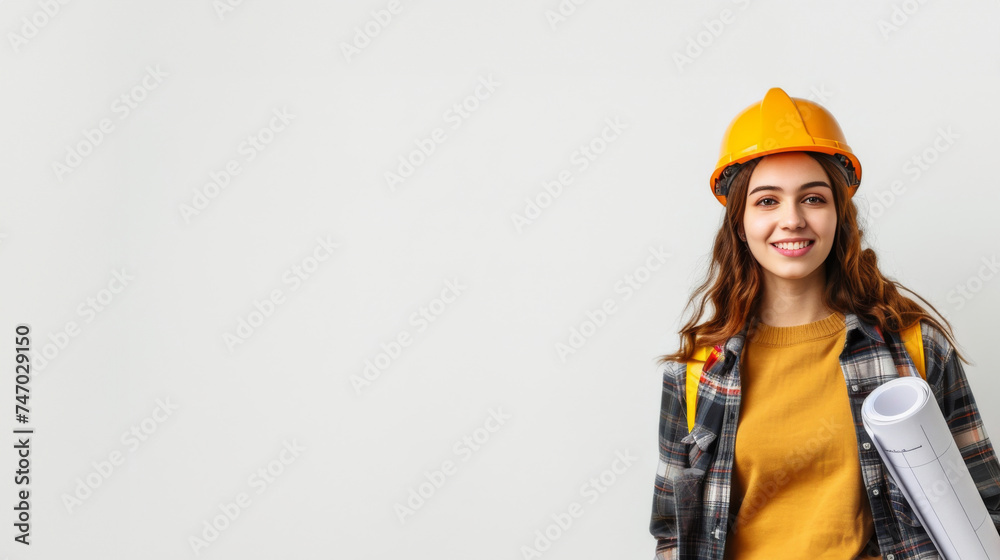 Positive female engineer holds architectural hose plan works on new building project makes tiny gesture smiles gladfully dressed in safety clothes protective equipment isolated on white background Positive female engineer holds architectural hose plan works on new building project makes tiny gesture smiles gladfully dressed in safety clothes protective equipment isolated on white background