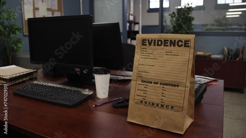 Evidence bag zoom out in police station empty shot photo