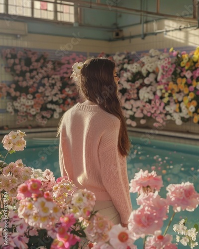 A woman in a cozy sweater is lost in thought among a profuse and colorful floral arrangement in an indoor setting photo