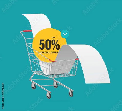 yellow circular promotional sign with text special offer 50% off is placed in metal shopping cart along with large paper receipt or invoice or bill, vector 3d isolated for discount advertising design