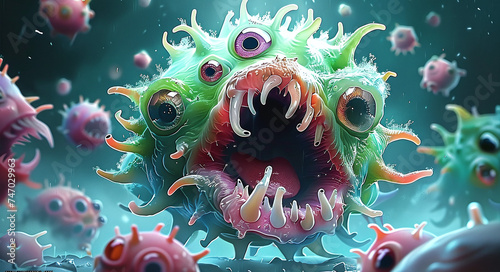 Colorful cartoon viruses with multiple eyes and sharp teeth, floating in a microscopic environment.