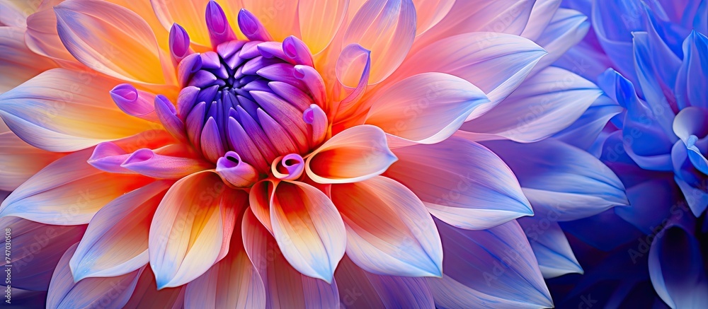 A detailed view of a vibrant summer flower showcasing its intricate petals and vibrant colors set against a blue background, highlighting the beauty of nature up close. A detailed view of a vibrant summer flower showcasing its intricate petals and vibrant colors set against a blue background, highlighting the beauty of nature up close.