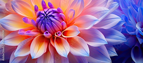A detailed view of a vibrant summer flower showcasing its intricate petals and vibrant colors set against a blue background, highlighting the beauty of nature up close. © AkuAku